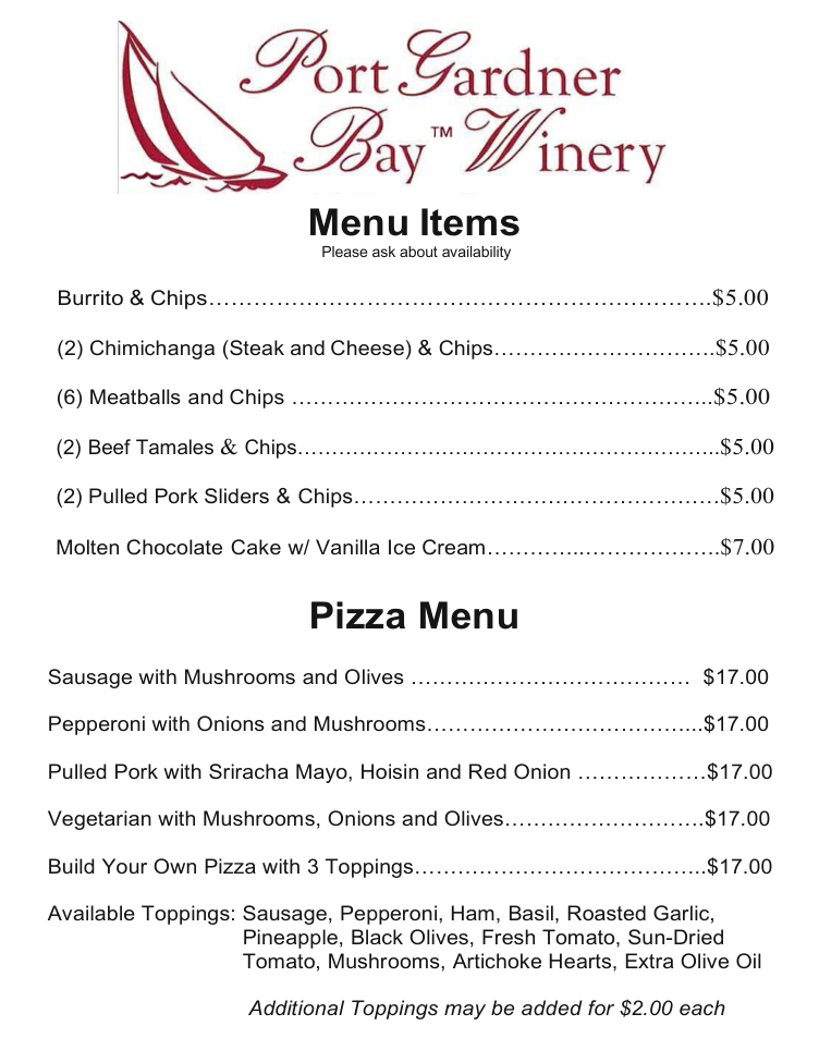 Port Gardner Bay Winery menu